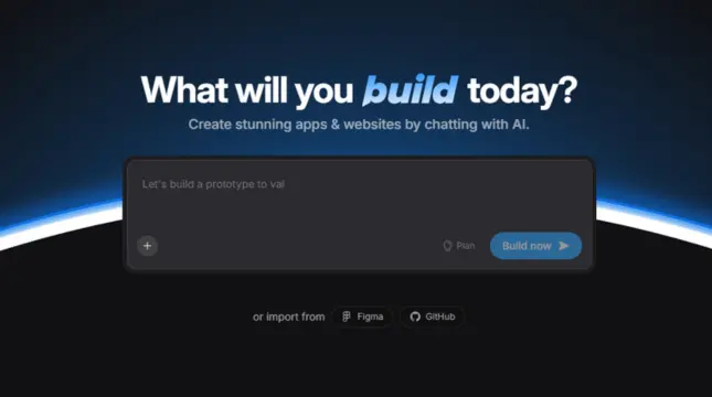 Ciemny interfejs startowy Bolt.new V2. Na środku nagłówek 'What will you build today?' oraz pole tekstowe z placeholderem 'Let's build a prototype to val'. Poniżej opcje importu z Figma i GitHub.