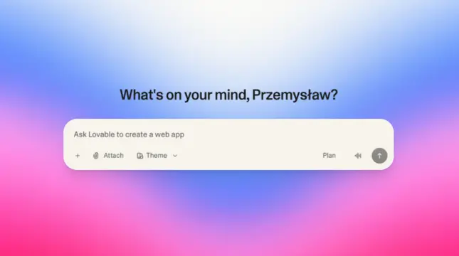 Główny ekran narzędzia Lovable. Widoczne minimalistyczne pole tekstowe z napisem 'What's on your mind, Przemysław?' zachęcające do opisania pomysłu na produkt.