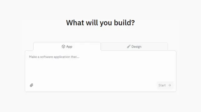 Minimalistyczny, biały interfejs startowy Replit AI. Widoczne zakładki 'App' i 'Design' nad polem tekstowym z placeholderem 'Make a software application that...'. Przycisk 'Start' po prawej.