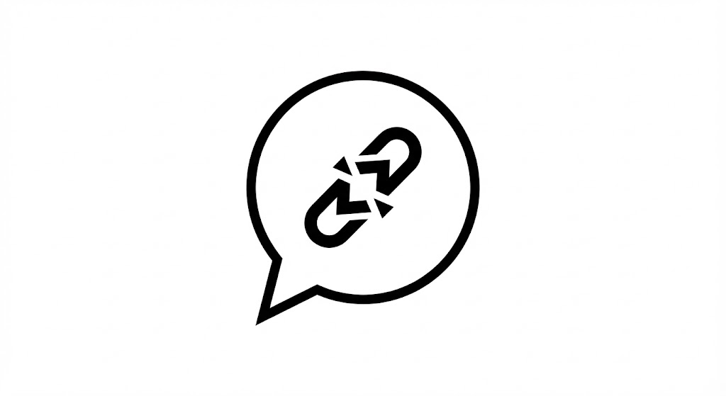 Czarno-biała, minimalistyczna ikona w formie dymku konwersacji, wewnątrz którego znajduje się symbol rozerwanego łańcucha. Grafika stanowi ilustrację dla pojęcia "Głosu Klienta".